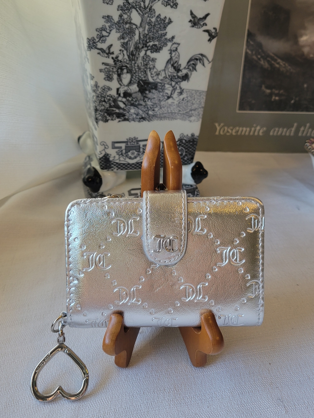 Juicy Couture Embossed Metallic Silver Wallet with Heart Keyring